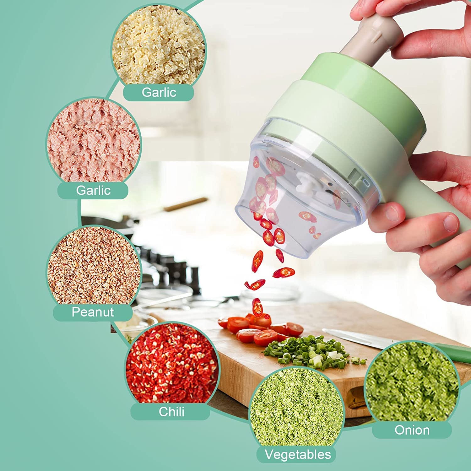Rechargeable 4 In 1 Electric Vegetable Cutter With Multi-Function Slicer, Chopper, Grinder And Peeler For Fast Kitchen Preparation