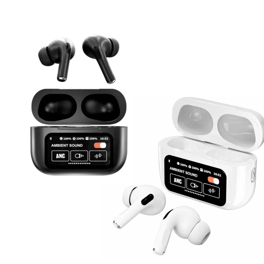 A9 Pro Earbuds With Anc Technology Sleek Matte Black Design Led Indicator Built In Screen And Clear Sound Quality