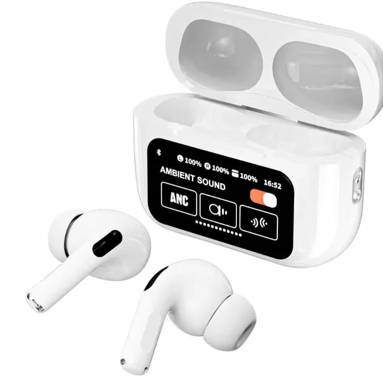 A9 Pro Earbuds With Anc Technology Sleek Matte Black Design Led Indicator Built In Screen And Clear Sound Quality